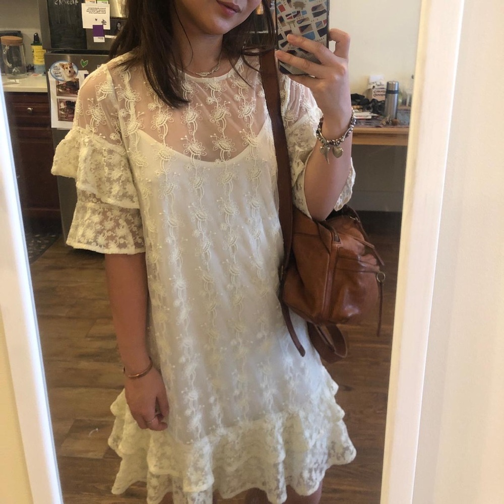 All Saints Cream Sheer Lace Ruffle Dress • Party Dress • Feminine Vintage Boho